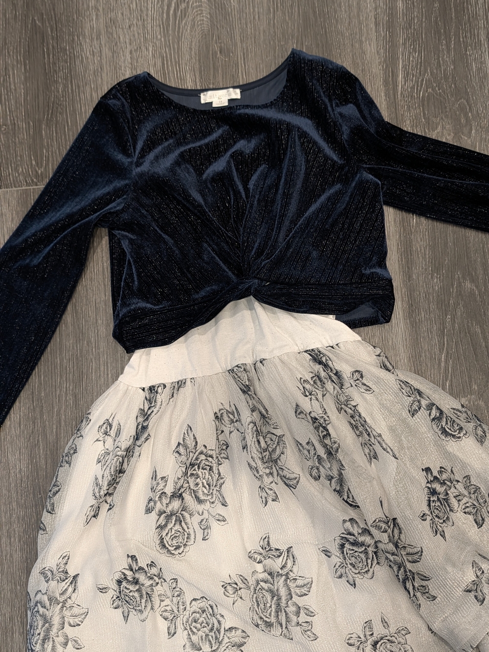 Navy Velvet Knot-Front Top with Floral Tulle Skirt